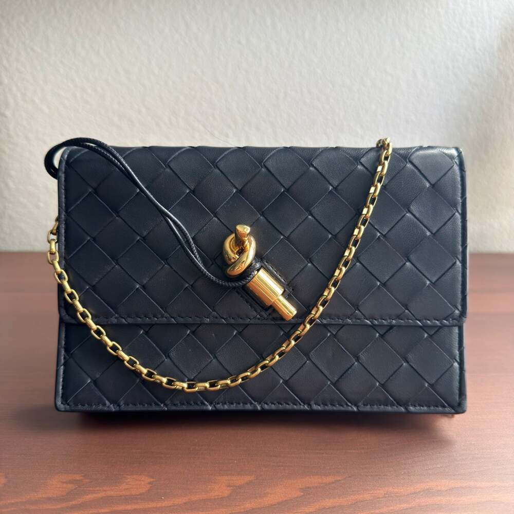 Bottega Veneta Andiamo Pouch on Chain Black Intrecciato Nappa Leather Gold Bag
